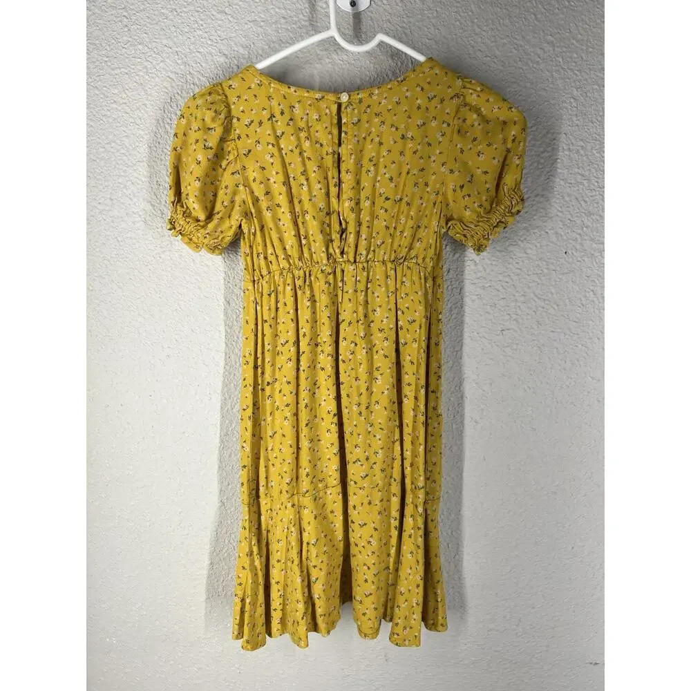 Old Navy Girl's Yellow Floral Fit & Flare Crepe Dress Short Sleeve Sz 10/12 Boho